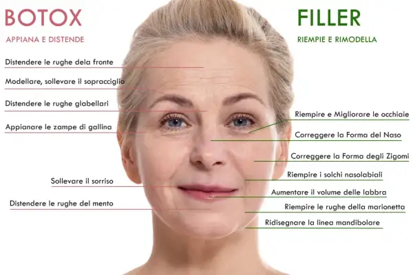 Volto di donna con indicazioni su dove fare botox per distendere rughe fronte, sopracciglia, zampe di gallina e mento.